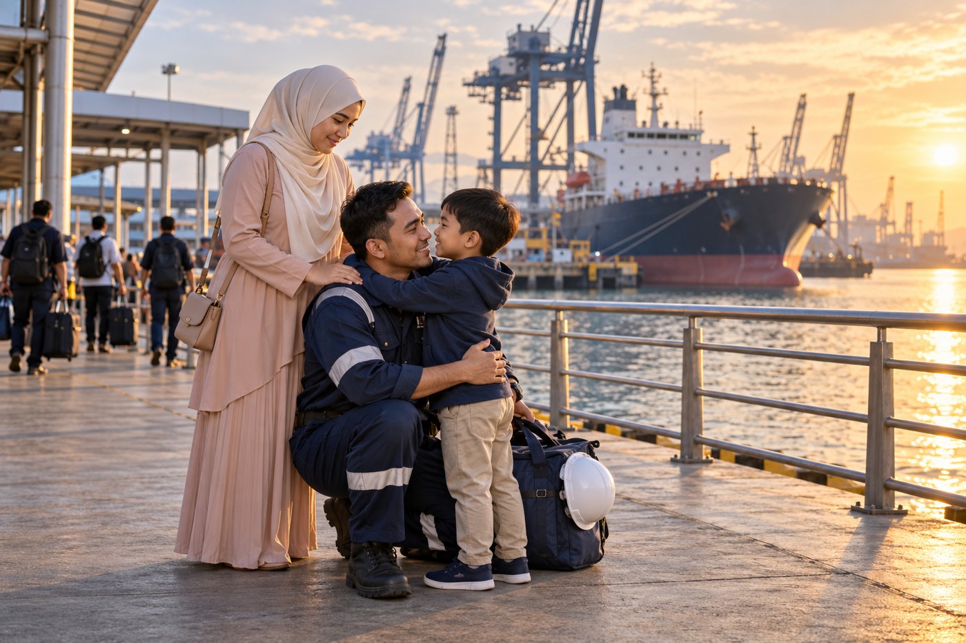 Seorang pelaut berpakaian coverall bersama isteri dan anak di pelabuhan sebelum sign on